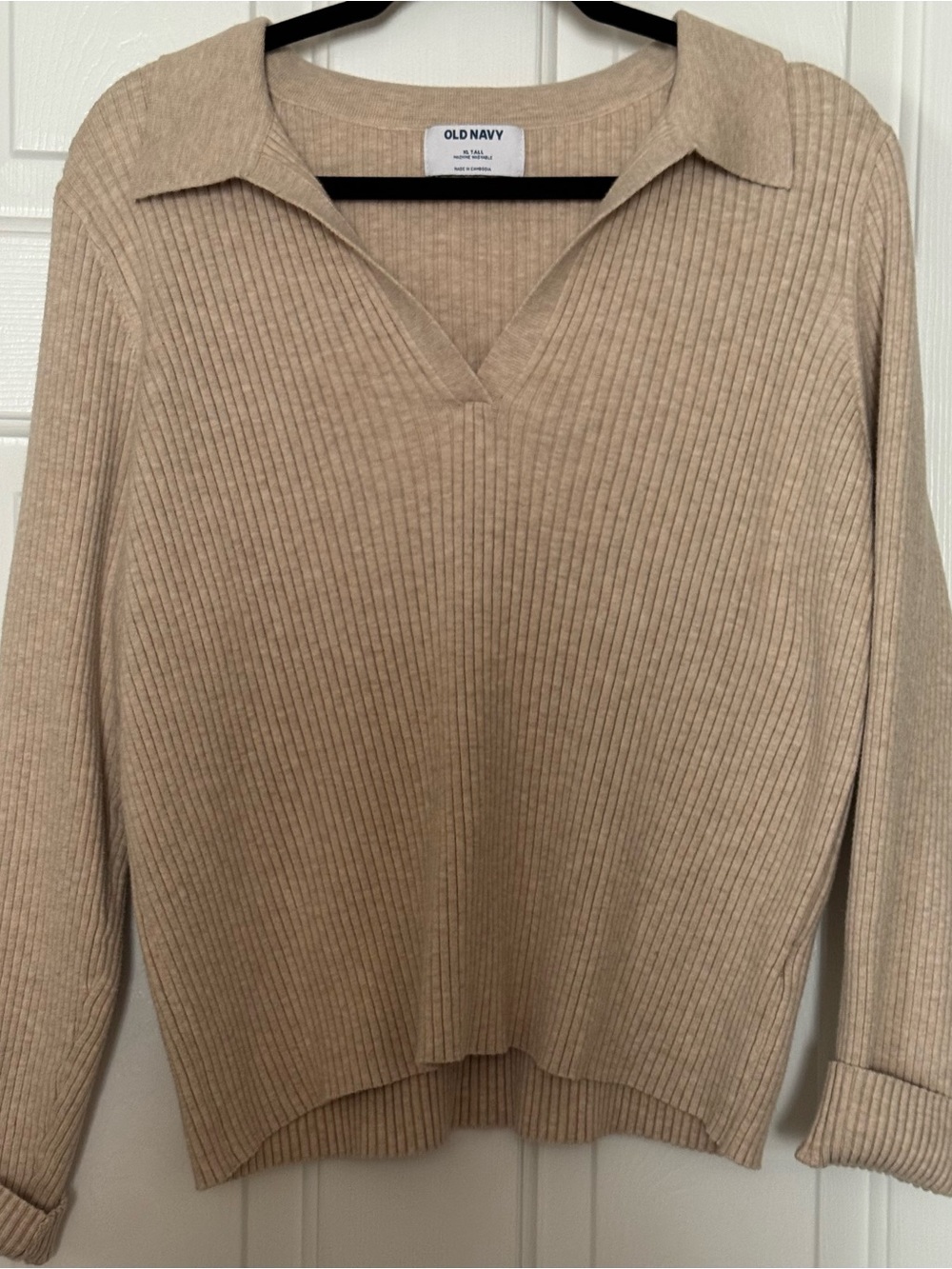 Old Navy Ribbed V-Neck Collared Sweater in Tan